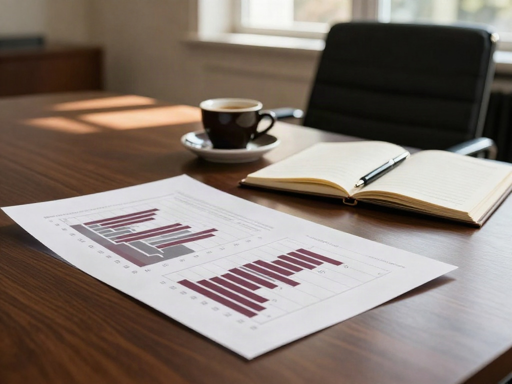 Business analytics reports and an open notebook on a walnut table, prepared for a strategic review session