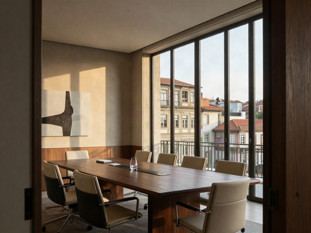 A sunlit executive boardroom overlooking Porto, with a walnut meeting table and floor-to-ceiling windows